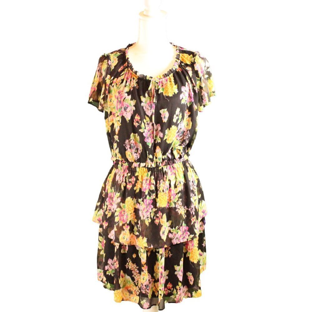 LC Lauren Conrad Black Yellow Floral Tiered Midi Dress Size M NWT